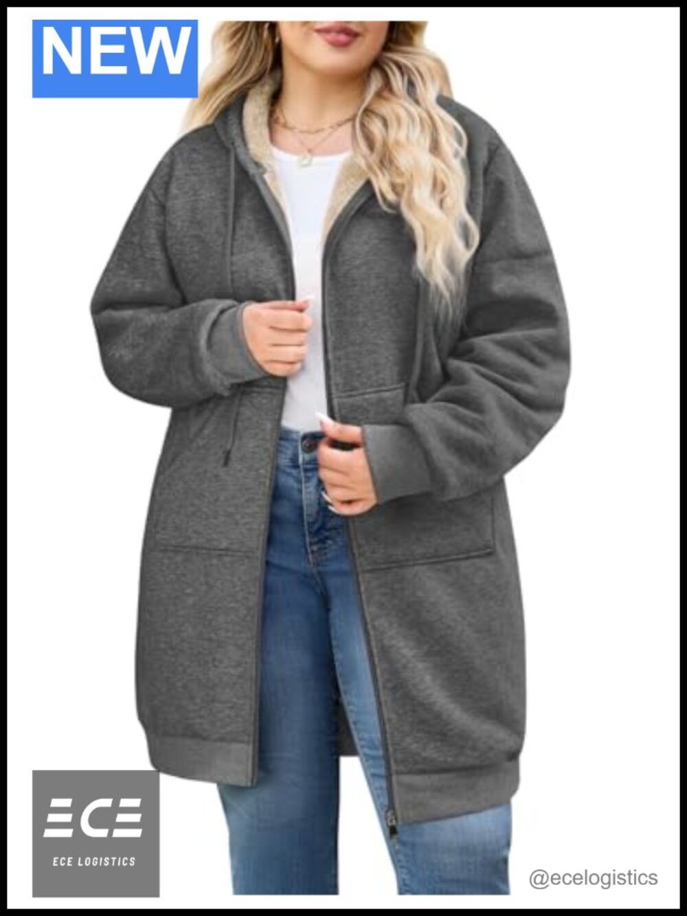 Plus Size Zip Up Hoodie Long Tunic Fleece Jacket Hooded